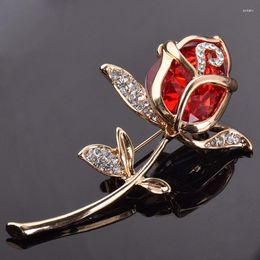 Brooches Red Rhinestone Rose Flower Brooch For Men And Women Graceful Suit Jacket Corsage Pin Clothing Accessories Jewelry Wedding Gifts