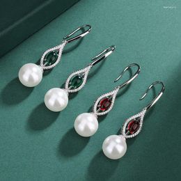 Dangle Earrings 2023 In S925 Silver Long White Pearl Red Crystal Water Droplet Women Jewelry Banquet Dress Accessories Gift