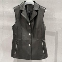 Women's Vests Women Mid Long Sheepskin Vest Jacket Runway Vintage Lapel Sleeveless Single Breasted Double Pockets Genuine Leather Waistcoat