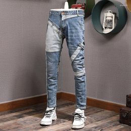Men's Jeans Streetwear Fashion Men Retro Blue Spliced Designer Slim Fit Ripped Elastic Vintage Trousers Hip Hop Pants Hombre