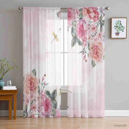 Curtain Pink Flower Dragonfly Sheer Window Curtains for Bedroom Hall Drapes Home Decor Tulle Curtains for Living Room Chiffon Curtains R230816