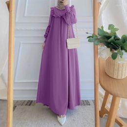 Ethnic Clothing Muslim Maxi Dresses For Women Arabian Simple O-neck Skirt Elegant Dubai Turkey Islamic Saudi Ruffled Edge Plain Dress