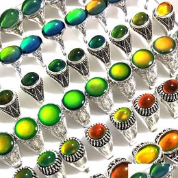 Solitaire Ring 30Pcs/Lot Men Women Change Color Mood Emotional Temperature Sensitive Glazed Male Female Fashon Sier Tone Alloy Retro Dhphn