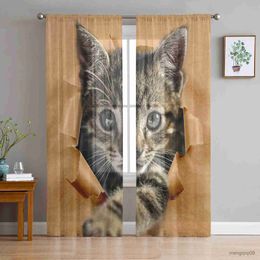 Curtain Pet Theme Cute Cat Bedroom Tulle Curtains Hotel Home Decor Sheer Curtains for Living Room Chiffon Printed Drapes R230816