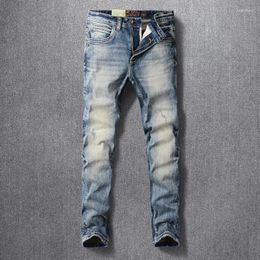 Men's Jeans Ly Designer Fashion Men Retro Blue Stretch Slim Fit Ripped Elastic Vintage Denim Pants Hombre Cotton Trousers
