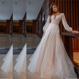 Simple Plus Size Sequins Bling Wedding Dress With Bishop Long Sleeves V Neck Floor Length Bridal Gown