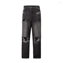 Men's Jeans Vintage Street Made Old Knife Cut Hole Loose High Quality Straight Barrel