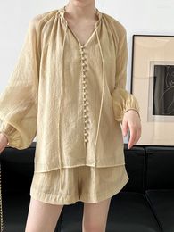 Women's Tracksuits V Neck Button Down Long Sleeve Blouse Top And Wide Leg Shorts Summer Two Piece Set Beige / Black Khaki