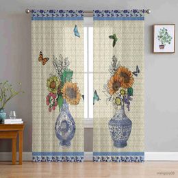 Curtain Porcelain Butterfly Retro Flower Tulle Sheer Curtain for Living Room Adults Bedroom Drapes Kitchen Decor Curtains R230816