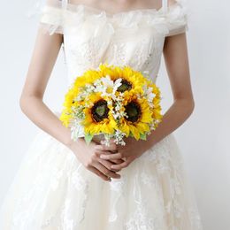 Wedding Flowers Small White Fake Flower Cascade Bouquet For Bride Yellow Artifical Graduation Bridal Marriage Accessories