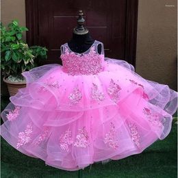 Girl Dresses Pink Lace Flower Sheer Neck Crystals Little Wedding Communion Pageant