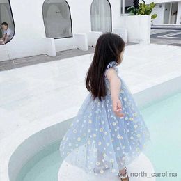 Girl's Dresses Baby Girls Daisy Flower Tulle Summer Short Ruffle Sleeve Dresses Toddlers to 7Years Blue Pink Little Fluffy Dress R230816