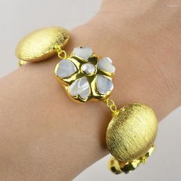 Strand 27MM White Sea Shell Flower Gold Plated Brushed Coin Bead Bracelet 8"