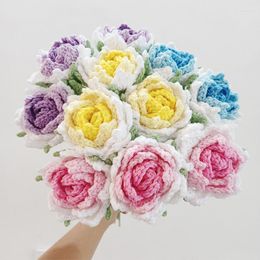 Decorative Flowers Hand-knitted Yarn Flower Crochet Simulation Gradient Rose Home Creative Decoration Wedding Party Festive Gift