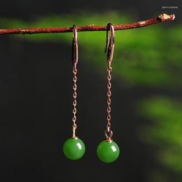 Dangle Earrings 925 Silver Inlaid Natural Jade Bead Fashion Women's And TianYu Long Balled