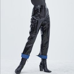 Women's Pants Fashion Brand Patent Leather Pu Split Ends Female 2023 Was Thin High Waist Leisure Shiny Straight Wq308