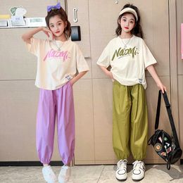 Clothing Sets Summer Girls Cotton Alphabet Short-Sleeved t-Shirt Tops+Pleat Pant Sets School Kids Tracksuit Child 2PCS Jogging Outfit 5-16Yrs