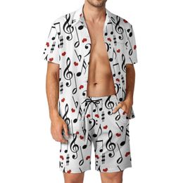 Mens Tracksuits Music Note Men Sets With Hearts Vintage Casual Shirt Set Short Sleeve Graphic Shorts Summer Vacation Suit Big Size 230815
