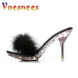 Slippers Voesnees Summer women's slippers with fur Crystal 9 cm High Heel Fish Mouth Clear Fine Female Shoes Black 230816