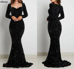 Shiny Black Sequined Mermaid Prom Dresses Plus Size With Long Sleeves Women Special Occasion Party Gowns Slim Fitted Celebrity Red Gala Evening Formal Dress CL2722