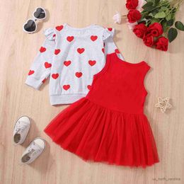 Girl's Dresses Kids Girls Suit Long Sleeve Round Neck Heart Print Pullover Tops Short Mesh Solid Colour Half Dress R230816