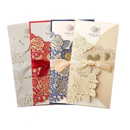 Greeting Cards 510Pcs Laser Cut Wedding Invitations Card Love Heart Customise Greeting Cards with Ribbon Bridal Shower Wedding Party Supplies 230815