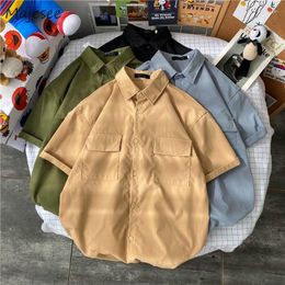 Men's Casual Shirts Cargo Men Simple Summer Harajuku Clothes Japanese Unisex Big-Pockets Vintage Handsome Preppy Teens Business Camisa