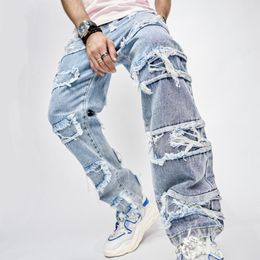 Men's Pants High Street Trousers Man's Full Length Patched Straight Fit Hip Hop Jeans