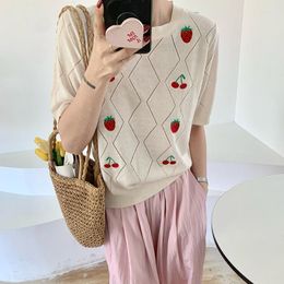 Women's Sweaters Summer Strawberry Knitting Top Women 2023 Cute Female O Neck Soft Casual Crop Thin Sweater Pullovers Beige
