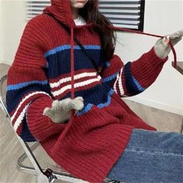 Women's Sweaters Korean Chic Vintage Grunge Hooded Pullovers Women Loose All Match Sweet Y2k Fashion Jumpers Striped Contrast Color Sueter