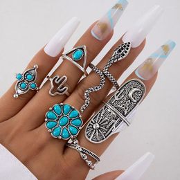 Cluster Rings HuaTang Lmitation Turquoise Ring Set Nine Petal Flower Snake Shaped Lady's Seven Piece 23611