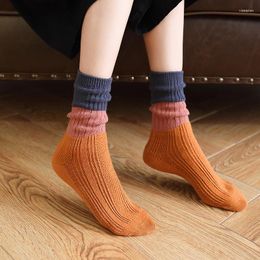Women Socks Retro Warm Cotton Autumn Winter Mid-tube Japanese Thick Needle Patchwork Color Women's Pile