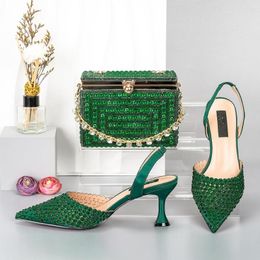 Dress Shoes Beautiful Green Thin Heels 7.5CM Women Pointed Toe Match Crystal Handbag African Dressing Pumps And Bag Set QSL078