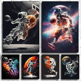 Canvas Painting Space Astronaut Play Basketball Fire Ball Colourful Sports Posters And Prints Wall Art For Sports Room Boys Bedroom Home Decor Wo6