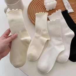 Women Socks 5pairs Ruffle For Mid Crew Middles Tube Ankle High Breathable Black White Calcetines Female Spring Autumn Sock