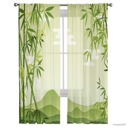 Curtain Bamboo Green Plant Tulle Curtains for Living Room Bedroom Decoration Chiffon Sheer Kitchen Window Curtain Drapes