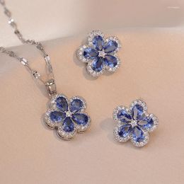 Pendant Necklaces Navy Blue Flower Necklace Earring Set With Stone Design Shiny Daisy Ear Studs Neck Collar Luxury Summer Jewellery