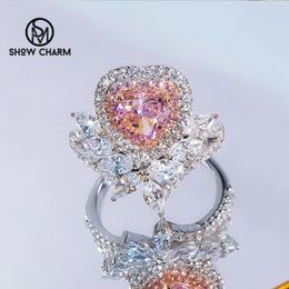 Wedding Rings Luxury S925 Sterling Silver Pink Heart-Shaped Ring High Carbon Diamond Zircon Ring for Women Fine Jewellery Gift Party Super Flash 230815