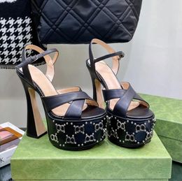 Sandals Janaya Leather g Stud-detailed Platform Chunky High Heels Ankle Strap Toe Heeled Block Luxury High-heeled Shoes Girl Women