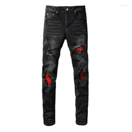 Men's Jeans Black Distressed High Stretch Slim Fit Damaged Hole Red Ribs Patch Moustache Ripped