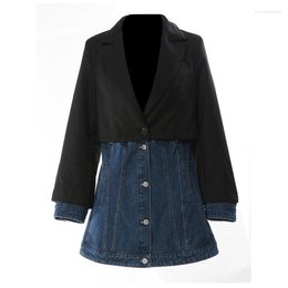 Women's Suits Women Blue Denim Color-block Long Blazer Lapel Sleeve Loose Fit Jacket Fashion Tide Spring Autumn 2023