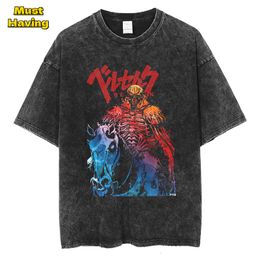 Men's T-Shirts Anime Berserk Graphic T-shirt for Men Vintage Black Washed Cotton Tees Tops Oversized Tshirt Harajuku Gothic Streetwear Outfits 230815