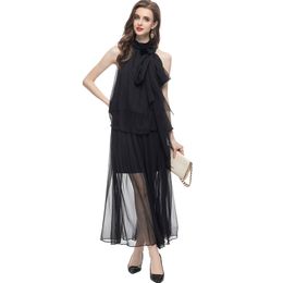 Women's Runway Designer Two Piece Dress Lace Up Collar Sleeveless Loose Blouse with Ruffles Skirt Fashion Twinsets