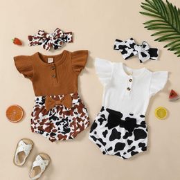 Clothing Sets baby 0-18M Newborn Infant Baby Girl Clothes Sets Knit Romper Cow Print Shorts Headband Summer Clothing