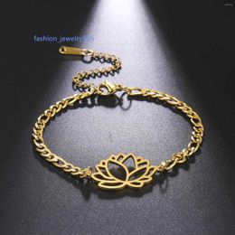 Chain Link Bracelets Stainless Steel Lucky Hollow Lotus Flower Pendant Charm Cuban Chain For Women Fashion Elagant Jewellery Party Gifts