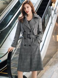 Women's Trench Coats Knee-length Windbreaker Plus Size 2023 Spring And Autumn Business Fashion Plaid Office Lady Coat