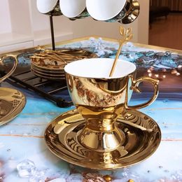 Mugs Ceramics Coffee Cup Afternoon Tea Golden Silver Teacup Vintage Dish Spoon Set Classic Drinkware Nordic Porcelain Mug 230815