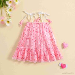 Girl's Dresses Kid Baby Girls Dresses Sleeveless Heart Print Off Shoulder Casual Summer Pink Dress R230816