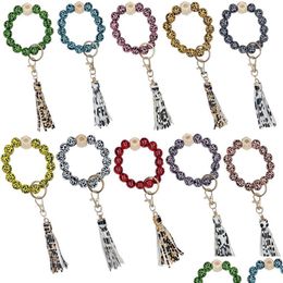 Party Favour Wood Bead Bracelets Leopard Print Keychain Handmade Leather Tassel Wristband Pendant Fashion Wristlet Bangles Holder Wri Dhxrj