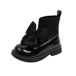 Boots Children's Boots Fashion PU Solid Black Bow Girls Uniform 2022 Spring and Autumn New Kids Fashion Flying Knit School Socks Shoes J230816